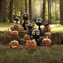 Halloween scene with pumpkins and figures in Tim Burton style, pumpkins with personality,