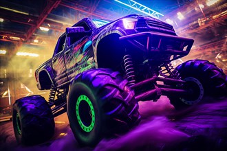 Monster truck illuminated by neon lights amidst a cloud of dust at an indoor arena. Excitement and