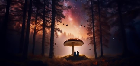 Couple resting in the forest under mushrooms, the concept of a fly agaric psilocybin trip, AI