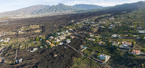 Aerial view of the lava flow of the Tajogaite volcano, Aridane, La Palma, Canary Islands, Spain,