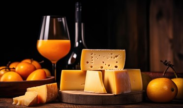Varieties of cheese on a wooden board with glasses of wine and orange juice, accompanied by fresh