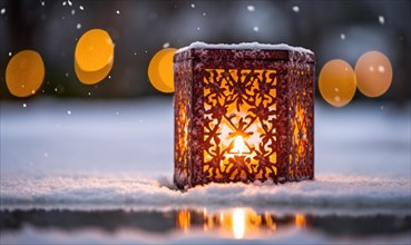 Christmas lantern with snow and bokeh background. Festive decoration AI generated