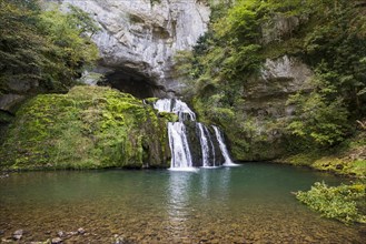 Spring and waterfall, Source du Lison, Source des Lison, Nans-sous-Sainte-Anne, Departement Doubs,