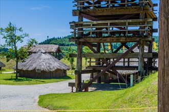 Buyeo, South Korea, July 7, 2018: Large wooden guard tower in traditional Korean village in public