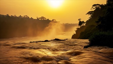 Sunset over a powerful Inga waterfall in the democratic republic of Congo with mist rising and the
