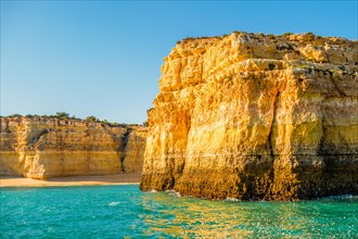 Beautiful limestone Algarve coast with caves and rock formation, Albufeira, south of Portugal