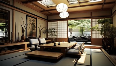 A tranquil Japanese tea room with traditional decor and a view of nature, AI generated