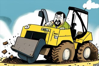 An amusing cartoon illustration of a man operating a tractor with a humorous expression on his face