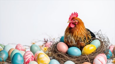 A chicken surrounded by a colorful assortment of Easter eggs in a nest AI generated