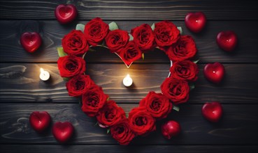 Heart-shaped rose arrangement with floating candles and love-themed accents AI generated