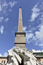 Obelisk above the fountain Fontana dei Quattro Fiumi, four-stream fountain, also known as Obelisco