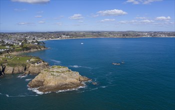 Aerial view of Fort de Bertheaume on a rock off the coast in Plougonvelin on the Atlantic coast at