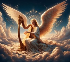 An angel sits on a cloud and plays the harp, kitsch, AI generated, AI generated