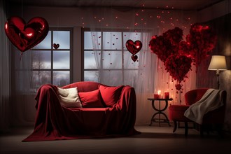 A cozy living room adorned with Valentine's Day decorations, featuring pink balloons, a bouquet of