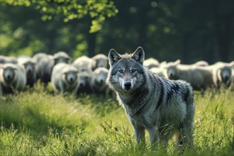 A gray wolf (Canis lupus) stands in a meadow, alert and calm in front of a flock of sheep with a