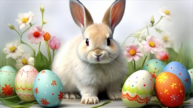A rabbit surrounded by brightly decorated Easter eggs and tulips on a white background AI generated