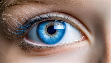 Extreme closeup of a blue eye of a woman. closeup of eyeball. AI Generated, AI generated