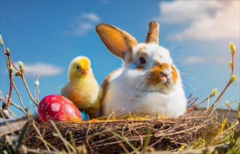 Easter, the Easter bunny and a chick sit in an Easter nest with colourful Easter eggs, AI