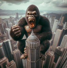 The fictional giant ape King Kong sits on a skyscraper in New York and threatens with bared teeth