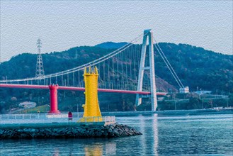 3D illustration of two lighthouses at fishing port with suspension bridge in background