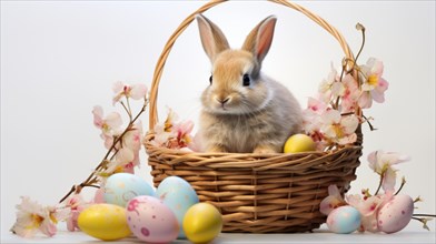 A bunny seated in a wicker basket surrounded by pastel-colored Easter eggs and cherry blossoms AI