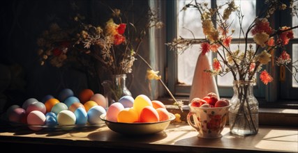 Easter eggs in various colors in a bowl beside vases with dried flowers and twigs in a cozy