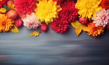 Colorful autumnal flowers arranged on a wooden background with a cheerful vibe AI generated