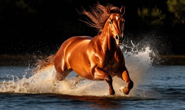 Beautiful bay horse galloping in water on sunny day, motion blur AI generated