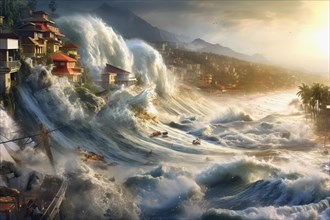 Tsunami devastating a coastal city, AI Generated, AI generated