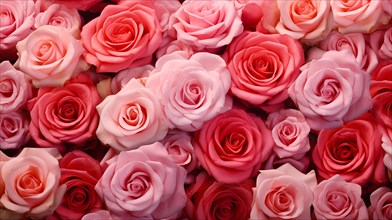 Valentine day background of close-up view of a beautiful mix of pink and white roses, symbolizing