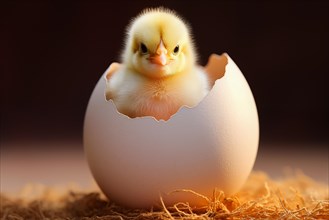 A close-up image capturing the moment a fluffy yellow chick emerges from its egg, showcasing the