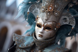 A person adorned in an elaborate and elegant costume, capturing the essence of the Venice Carnival