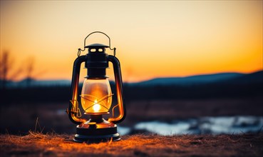 Kerosene lamp on the field at sunset. Camping concept AI generated