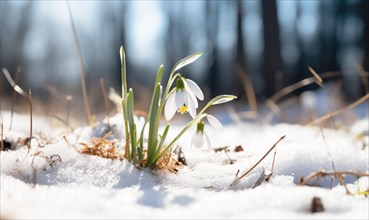 Brightly lit snowdrops emerging from snowy ground in a forest indicating spring arrival AI