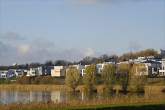 Housing estate with newly built detached houses on Lake Phoenix, Hoerde, Dortmund, Ruhr area,