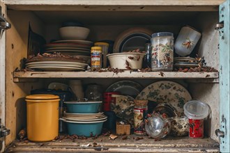 A cluttered and untidy old kitchen cupboard with various crockery and containers is heavily