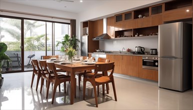 A sleek modern kitchen with a dining table set for a meal, illuminated by natural and pendant