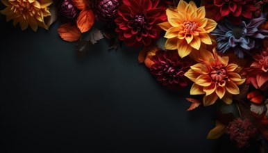 Autumnal dahlias in vibrant colors elegantly arranged on a dark background AI generated