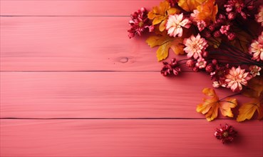 Flat lay of faux autumn leaves and flowers on a pink wooden background AI generated