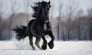 Beautiful black stallion galloping in winter field, motion blur AI generated