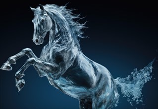 Ice sculpture of horse in dynamic pose. Beautiful horse ice figure. Horse with splashes of water on
