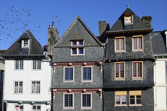 Old houses with slate facades on Place Alende, Morlaix Montroulez, Finistere Penn Ar Bed