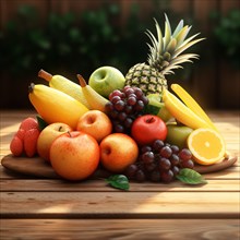 A colorful assortment of fresh fruits displayed on a wooden platter set on a table outdoors, AI