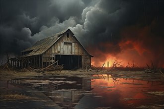 Burning field at night behind an old barn, AI Generated, AI generated