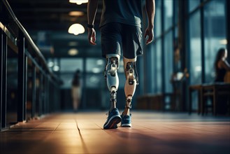 Amputee sportsman walking in corridor with bionic prosthetic legs prosthesis with robotic