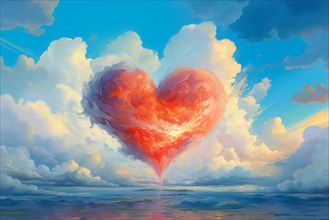 Painting of a heart-shaped cloud illuminated by the warm hues of sunset, floating above a serene