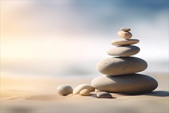 Zen stones stack on sand waves in a minimalist setting for balance and harmony. Balance, harmony,