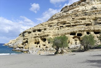 The caves on Matala beach in Crete, Greece, Europe