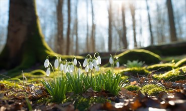 Early spring snowdrops in the forest with sunlight streaming through trees AI generated