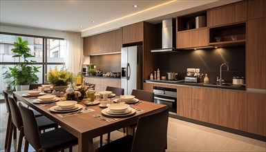 A sleek modern kitchen with a dining table set for a meal, illuminated by natural and pendant